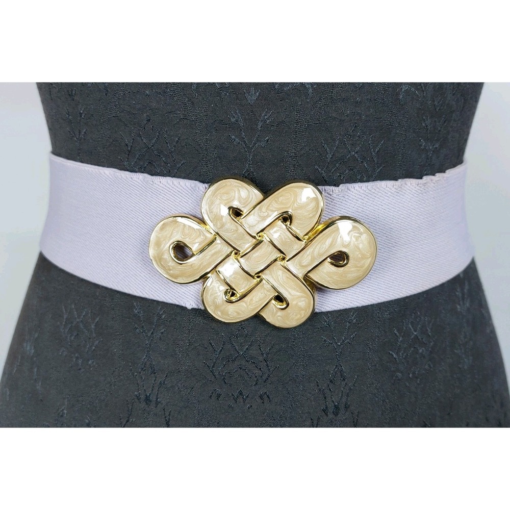 80s Day Lor Stretch‎ Belt Gold Pearl Celtic Knot Buckle Lavender 2"x26" Flat